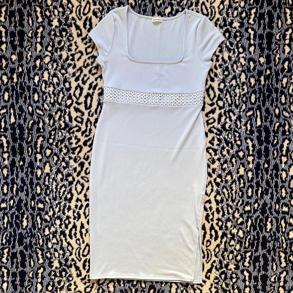 Derek Heart Light Blue Dress with Crochet Circle Pattern Waistband Size L